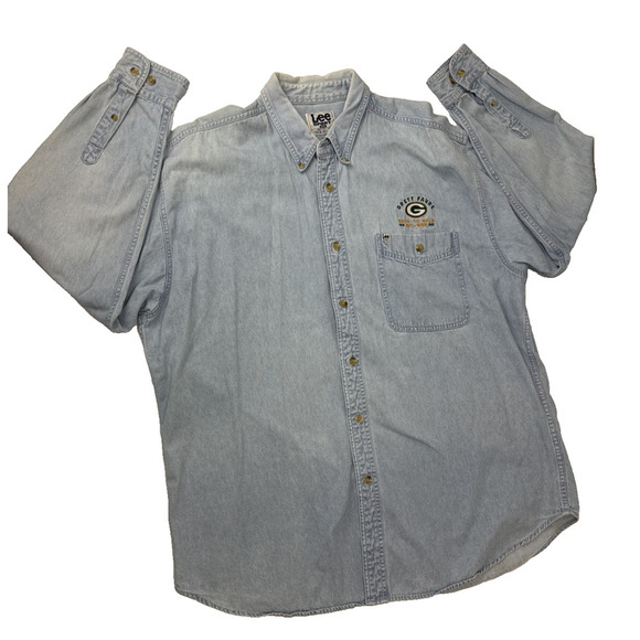 Vintage 1996 Lee Denim Shirt XL Green Bay Packers Brett Favre Embroidered NFL - Picture 1 of 6